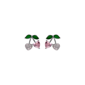 Boucles d’oreille tige argent rhodié cerise oxydes forme coeur rose et verts
