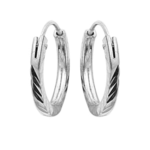 Créoles en argent platiné face plate diamantée striée 11mm