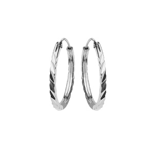 Créoles en argent platiné face plate diamantée striée 17mm
