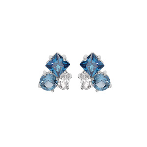 Boucles d'oreille en argent rhodié 3 oxydes bleus et blanc sertis et fermoir poussette