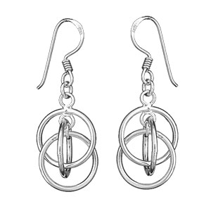 Boucles d’oreilles pendantes en argent 3 anneaux entrelacés et fermoir crochet