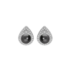 Boucles d’oreille en argent rhodié forme goutte pavée d’oxydes blancs avec Perle de Tahiti 7mm et fermoir poussette