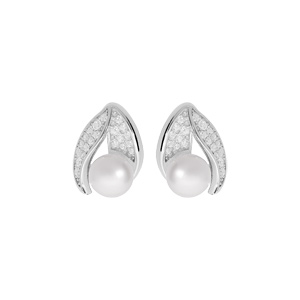 Boucles d'oreille en argent rhodié feuille pavée d d'oxydes blancs avec Perle de culture d'eau douce