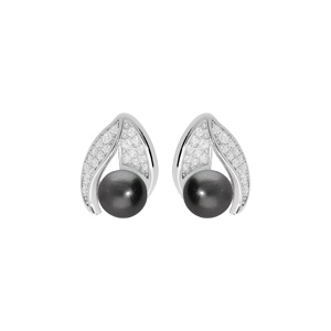 Boucles d’oreille en argent rhodié feuille pavée d d’oxydes blancs avec Perle de Tahiti véritable 7mm et fermoir poussette