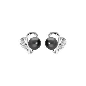 Boucles d’oreille en argent rhodié motif avec Perle de Tahiti véritable 7mm et oxydes blancs sertis et fermoir poussette