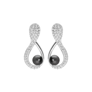 Boucles d’oreille en argent rhodié motif infini pavé d’oxydes blancs et Perle de Tahiti véritable 7mm et fermoir poussette