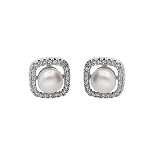 Boucles d’oreille en argent rhodié carré 10x10mm oxydes blancs avec Perle de culture d’eau douce blanche et fermoir poussette