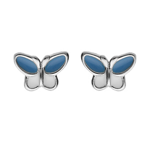 Boucles d'oreille en argent rhodié papillon bleu et blanc et fermoir poussette