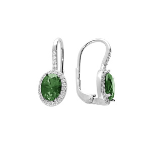 Boucles d’oreille en argent rhodié grosse pierre centrale verte avec contour d’oxydes blancs sertis et fermoir dormeuse