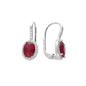 Boucles d’oreille en argent rhodié grosse pierre rouge avec contour d’oxydes blancs sertis et fermoir dormeuse