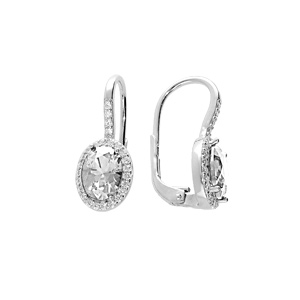 Boucles d’oreille en argent rhodié grosse pierre blanche avec contour d’oxydes blancs sertis t fermoir dormeuse