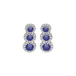 Boucles d'oreille en argent rhodié 3 pierres bleues en chute et contour oxydes blancs sertis et ferm