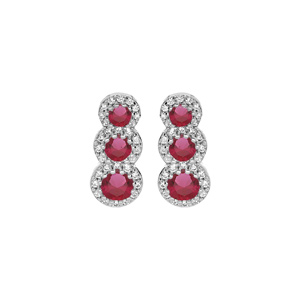 Boucles d’oreille en argent rhodié 3 pierres roses en chute et contour oxydes blancs sertis et fermoir poussette