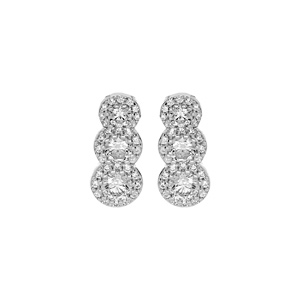Boucles d’oreille en argent rhodié 3 pierres blanches en chute et contour oxydes blancs sertis et fermoir poussette