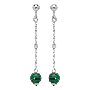 Boucles d'oreille pendantes en argent rhodié avec 1 perle en Malachite véritable et fermoir poussett