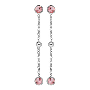 Boucles d’oreille pendantes en argent rhodié avec oxydes rose et boule lisse et fermoir poussette