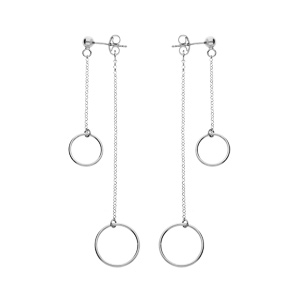 Boucles d'oreille en argent rhodié double chaînette et anneaux suspendus et fermoir poussette