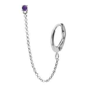 Boucles d'oreille Ear Cuff en argent rhodié 1 pierre Améthyste véritable sertie chaînette et créole 