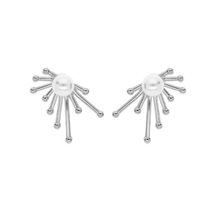 Boucles d’oreille en argent rhodié perle blanche de synthèse avec branches lisses et fermoir poussette