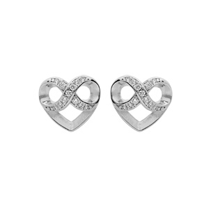 Boucles d’oreille en argent rhodié coeur et infini oxydes blancs sertis et fermoir pousette