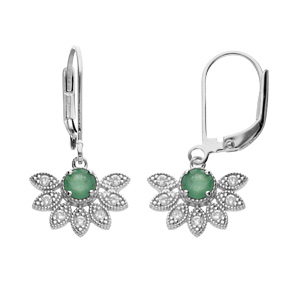 Boucles d'oreille en argent rhodié demi fleur de Emeraude véritable pétales de Topazes blanches et f