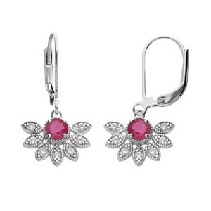 Boucles d'oreille en argent rhodié demi fleur de Rubis véritable pétales de Topazes blanches et ferm