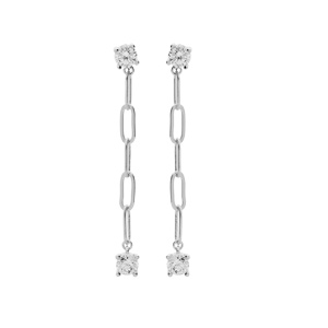 Boucles d’oreille en argent rhodiéchaînette maille rectangulaire avec 1 oxyde blanc serti et fermoir poussette