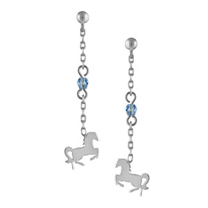 Boucles d’oreilles pendantes en argent rhodié chaînette longue avec oxyde bleu au milieu et cheval à l’extrémité et fermoir clou avec poussette