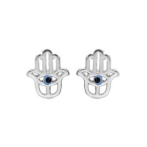 Boucles d'oreille en argent rhodié main de Fatma et oeil de la chance avec fermoir poussette