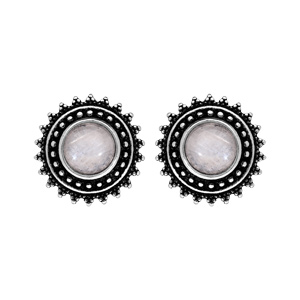 Boucles d'oreille en argent patiné rondes avec pierre de lune et fermoir poussette