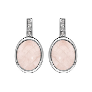 Boucles d'oreille en argent rhodié pierre quartz rose ovale avec oxydes blancs et fermoir poussette