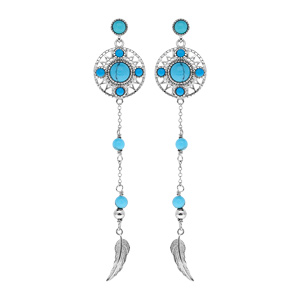Boucles d'oreille pendantes en argent rhodié ethnique avec turquoise de synthèse et plume et fermoir