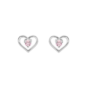 Boucles d’oreille en argent platiné coeur avec oxyde rose et fermoir poussette