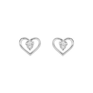 Boucles d'oreille en argent platiné avec coeur oxyde blanc et fermoir poussette