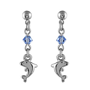 Boucles d'oreilles pendantes en argent chaînette, dauphin et oxyde bleu fermoir poussette