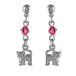 Boucles d'oreilles pendantes en argent chaînette avec oxyde rose au milieu et chat à l'extrémité et 