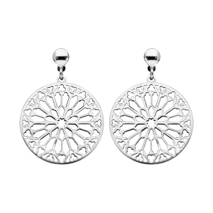 Boucles d'oreille pendantes en argent rhodié rosace ajourée et fermoir poussette