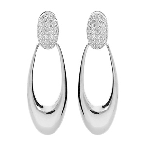 Boucles d’oreille en argent rhodié massif pendante avec ovale et oxydes blancs sertis et fermoir poussette