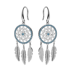 Boucles d’oreille en argent rhodié attrape rêves orné d’oxydes bleus et fermoir crochet