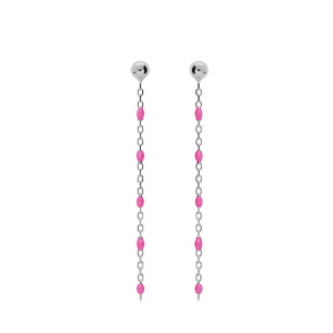 Boucles d’oreille en argent rhodié chaînette avec perles rose fluo et fermoir poussette