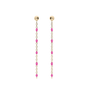 Boucles d’oreille en argent et dorure jaune avec perles rose fluo et fermoir poussette