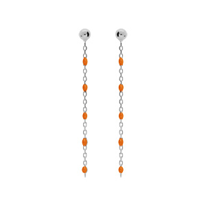 Boucles d’oreille en argent rhodié chaînette avec perles orange fluo et fermoir poussette