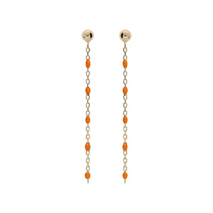 Boucles d’oreille en argent et dorure jaune chaînette avec perles orange fluo et fermoir poussette
