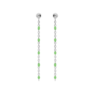Boucles d’oreille en argent rhodié chaînette avec perles vert fluo et fermoir poussette