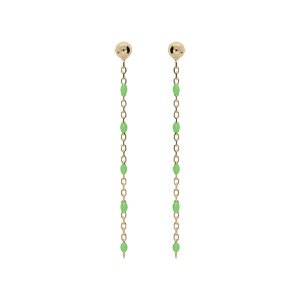 Boucles d’oreille en argent et dorure jaune chaînette avec perles vert fluo et fermoir poussette