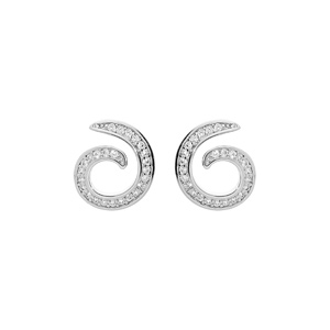 Boucles d'oreille en argent rhodié spirale pavée d'oxydes blancs sertis et fermoir poussette