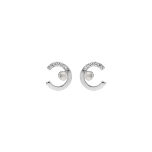 Boucles d'oreille en argent rhodié demi cercle avec perle de synthèse blanche et oxydes blancs serti