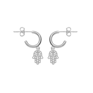 Créoles en argent rhodié avec pampille main de Fatma et fermoir poussette