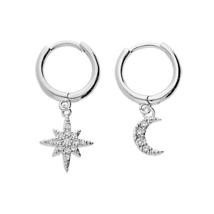 Créoles en argent rhodié avec pampille étoile du nord et demi lune oxydes blancs sertis