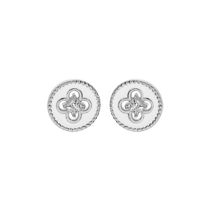 Boucles d'oreille en argent rhodié pastille blanche motif croix avec oxydes blancs sertis et fermoir